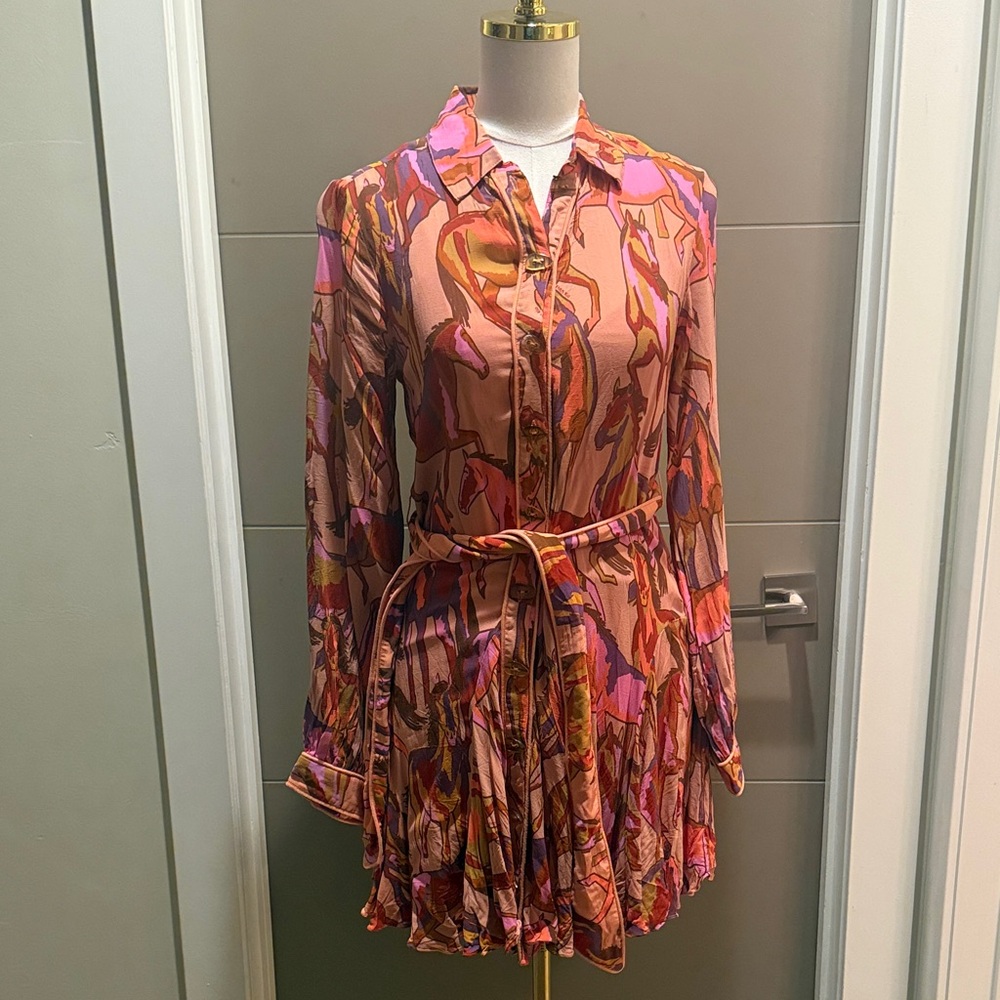 FARM Rio Multicolor Abstract Horse Print Long-Sleeve Shirt Dress